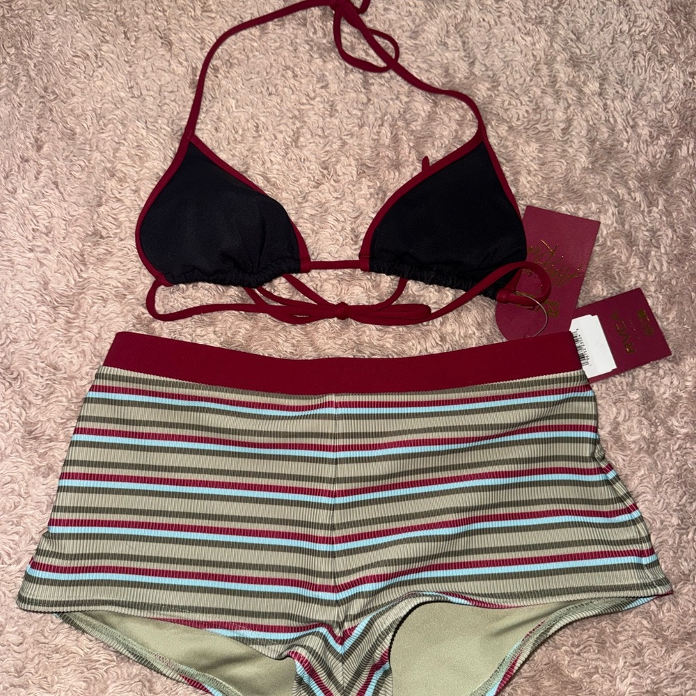RVCA Black and Red Halter Bikini Set